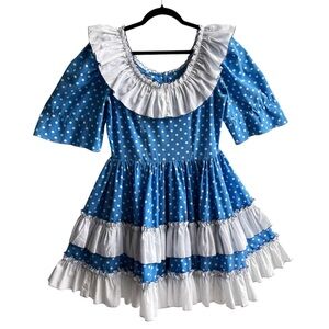 Vintage Call It Fancy Blue And White Polka Dot Square Dance Ruffle Dress Size 10